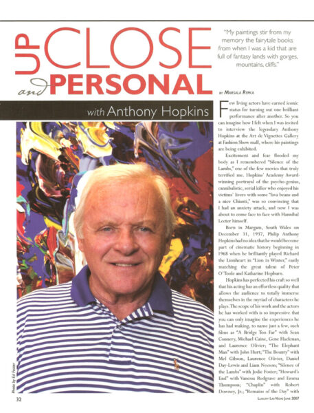 Anthony Hopkins on title page of Up Close & Personal magazine article.